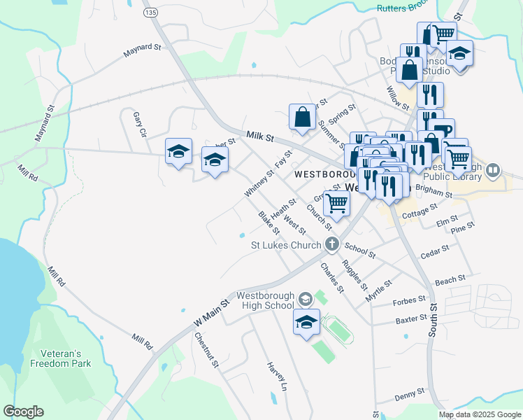map of restaurants, bars, coffee shops, grocery stores, and more near 29 Blake Street in Westborough