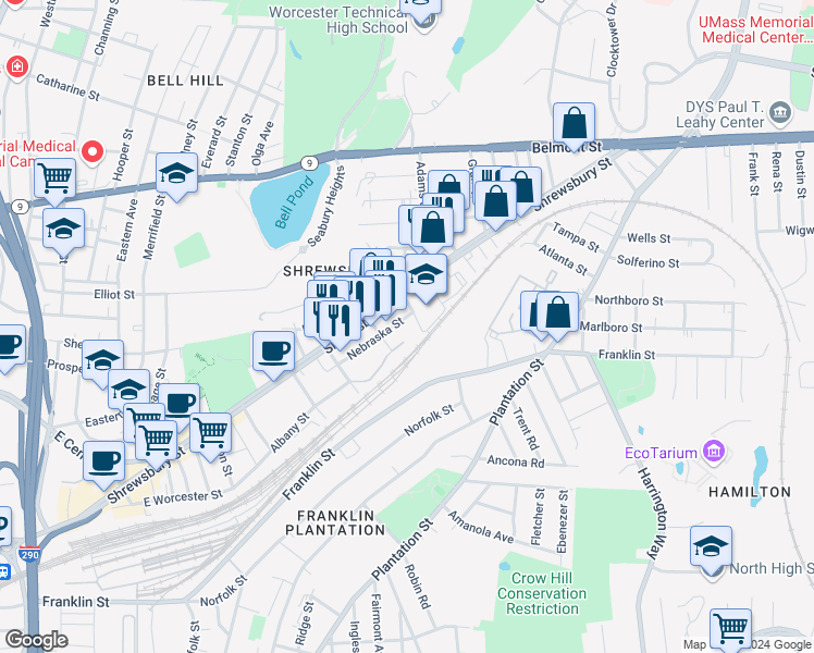 map of restaurants, bars, coffee shops, grocery stores, and more near 17 Putnam Lane in Worcester