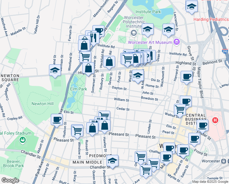 map of restaurants, bars, coffee shops, grocery stores, and more near 5 Marston Way in Worcester