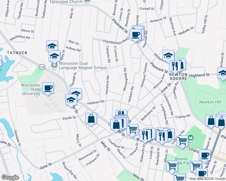 map of restaurants, bars, coffee shops, grocery stores, and more near 30 Rob Roy Road in Worcester