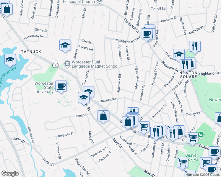 map of restaurants, bars, coffee shops, grocery stores, and more near 58 Westview Road in Worcester