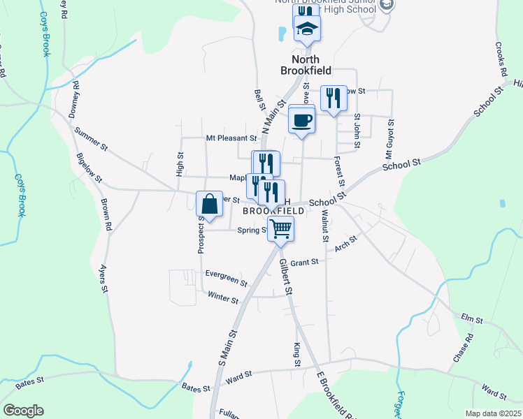 map of restaurants, bars, coffee shops, grocery stores, and more near in North Brookfield