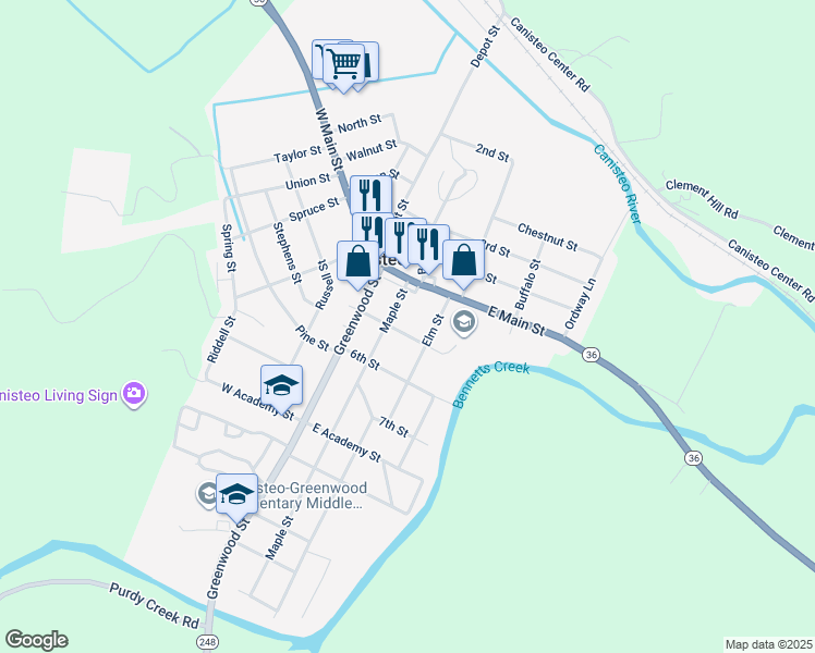 map of restaurants, bars, coffee shops, grocery stores, and more near 8 Elm Street in Canisteo