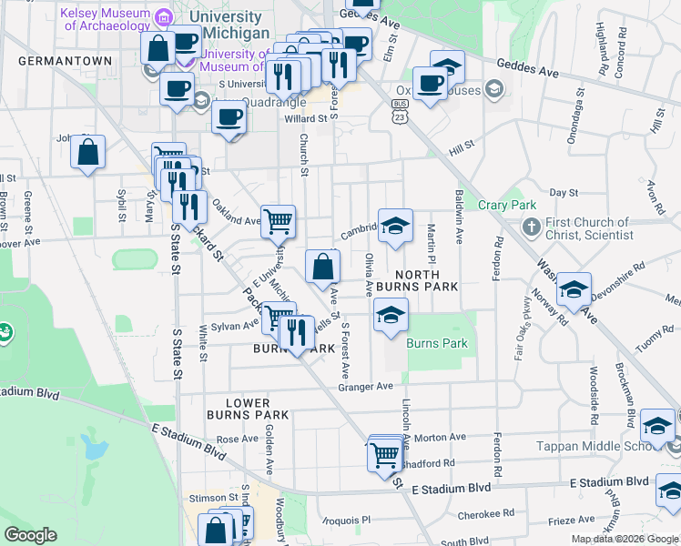 map of restaurants, bars, coffee shops, grocery stores, and more near 1113 South Forest Avenue in Ann Arbor