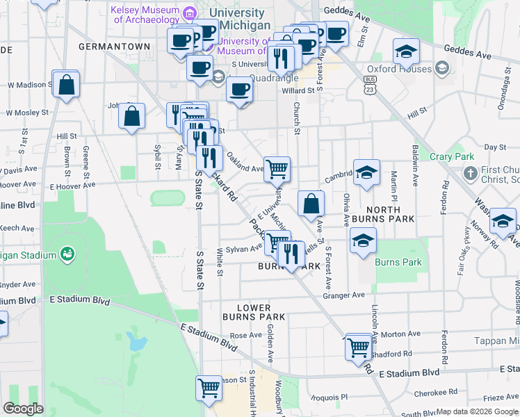 map of restaurants, bars, coffee shops, grocery stores, and more near 909 Packard Street in Ann Arbor
