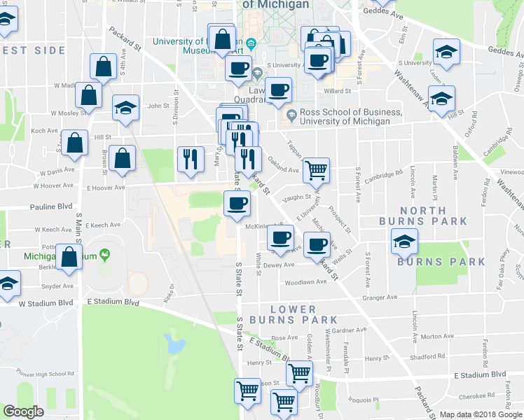 map of restaurants, bars, coffee shops, grocery stores, and more near 1111 White Street in Ann Arbor