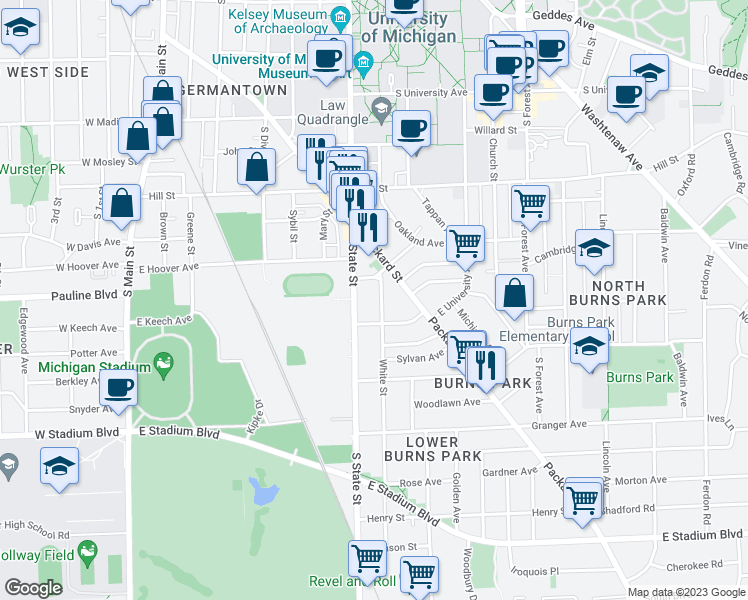 map of restaurants, bars, coffee shops, grocery stores, and more near 1111 White Street in Ann Arbor