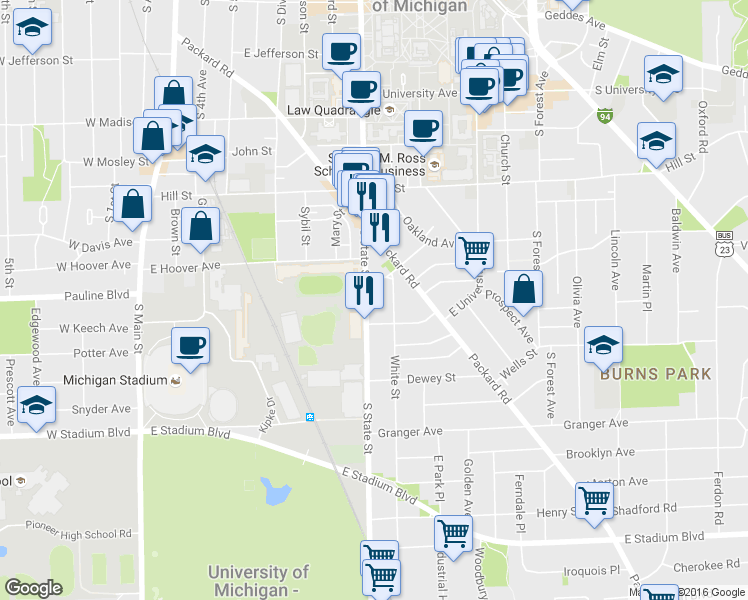 map of restaurants, bars, coffee shops, grocery stores, and more near 1109 South State Street in Ann Arbor