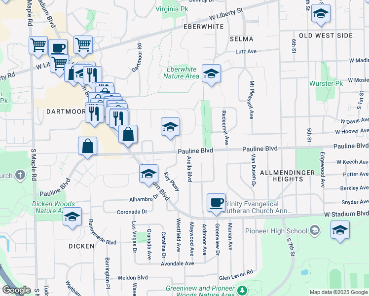 map of restaurants, bars, coffee shops, grocery stores, and more near 1500 Pauline Boulevard in Ann Arbor