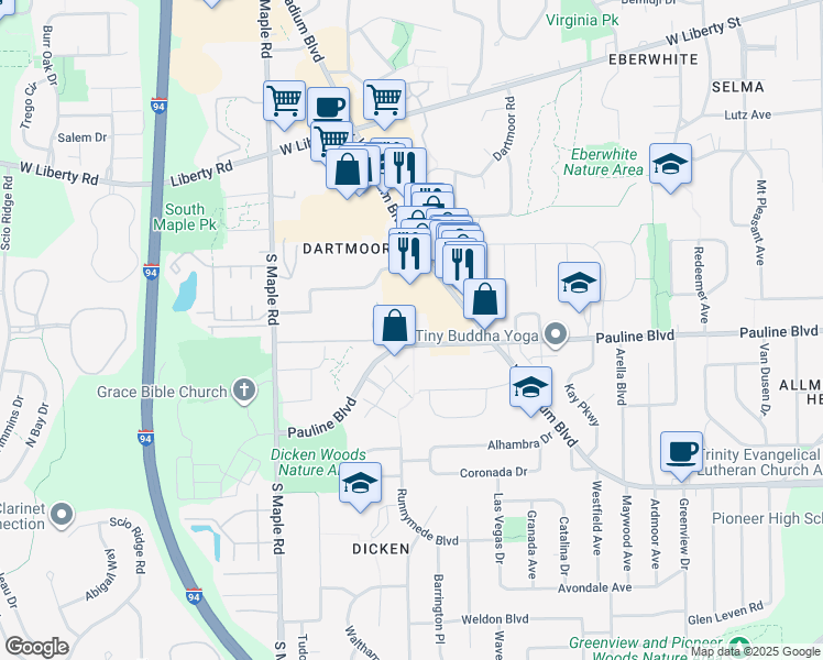 map of restaurants, bars, coffee shops, grocery stores, and more near 2014 Pennsylvania Avenue in Ann Arbor