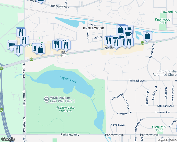 map of restaurants, bars, coffee shops, grocery stores, and more near 3740 Winchell Avenue in Kalamazoo