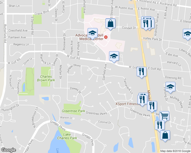 map of restaurants, bars, coffee shops, grocery stores, and more near 311 Juniper Parkway in Libertyville