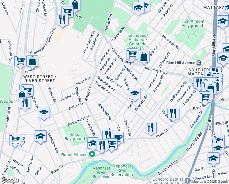map of restaurants, bars, coffee shops, grocery stores, and more near 85 Ruskindale Road in Boston