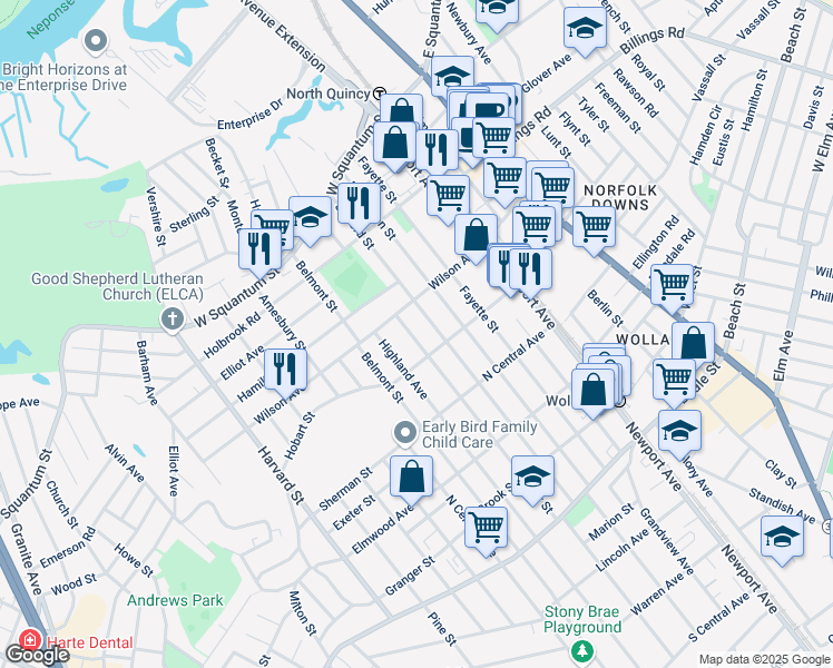 map of restaurants, bars, coffee shops, grocery stores, and more near 24 Taylor Street in Quincy