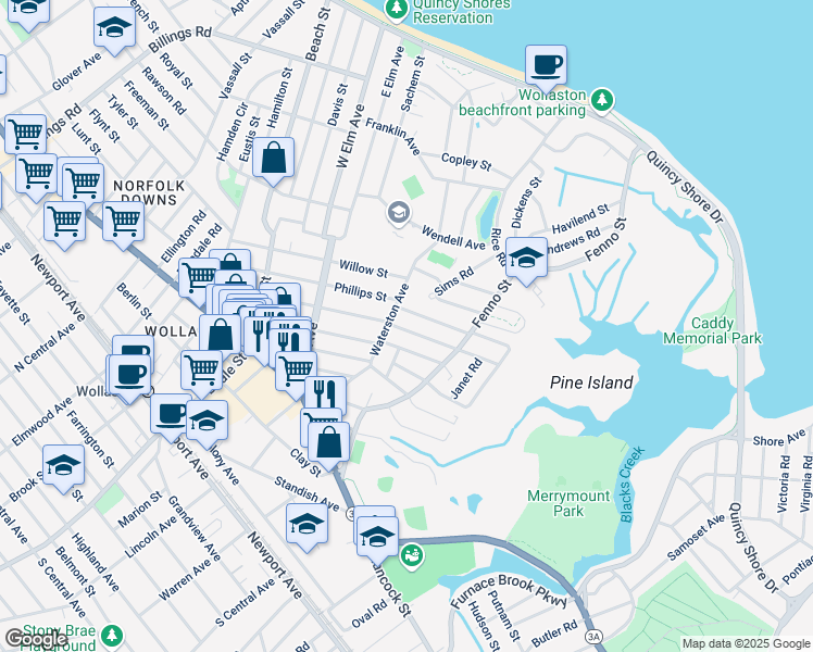 map of restaurants, bars, coffee shops, grocery stores, and more near 164 Marlboro Street in Quincy