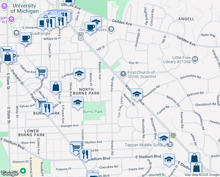 map of restaurants, bars, coffee shops, grocery stores, and more near 1054 Ferdon Road in Ann Arbor