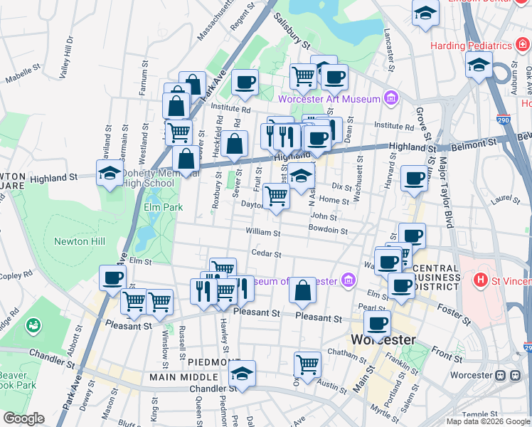 map of restaurants, bars, coffee shops, grocery stores, and more near 2 Dayton Place in Worcester