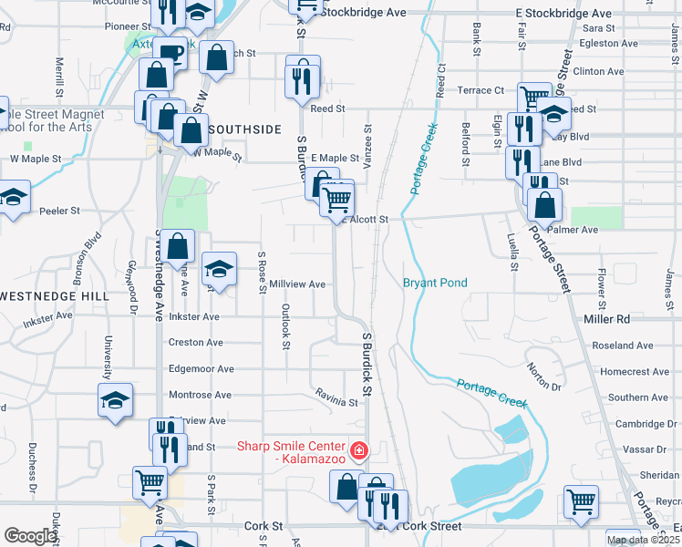 map of restaurants, bars, coffee shops, grocery stores, and more near 2221 South Burdick Street in Kalamazoo