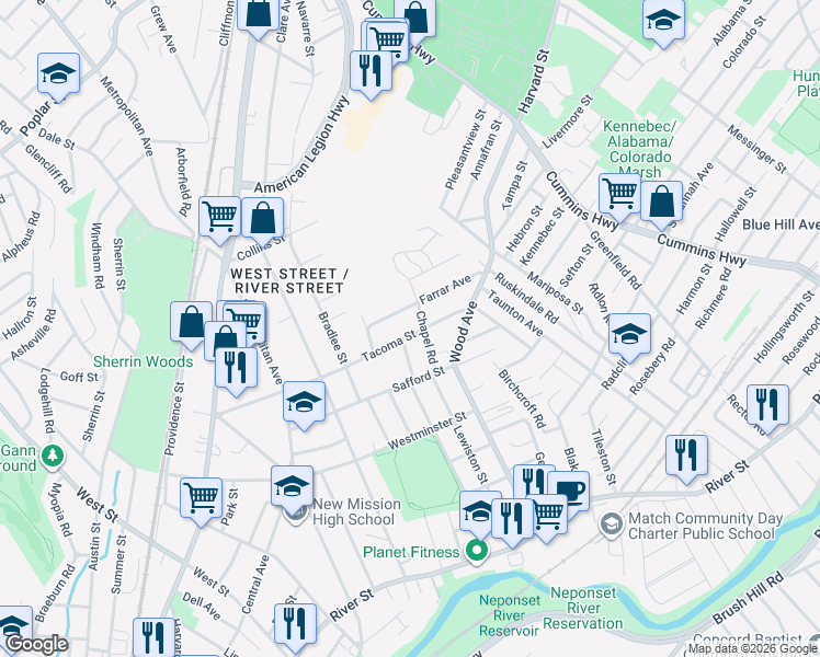map of restaurants, bars, coffee shops, grocery stores, and more near 51 Tacoma Street in Boston