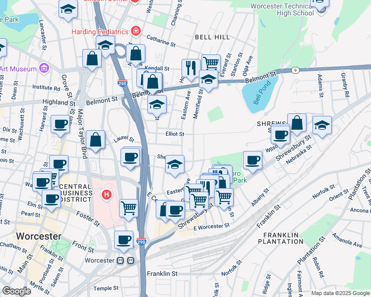 map of restaurants, bars, coffee shops, grocery stores, and more near 67 Eastern Ave in Worcester