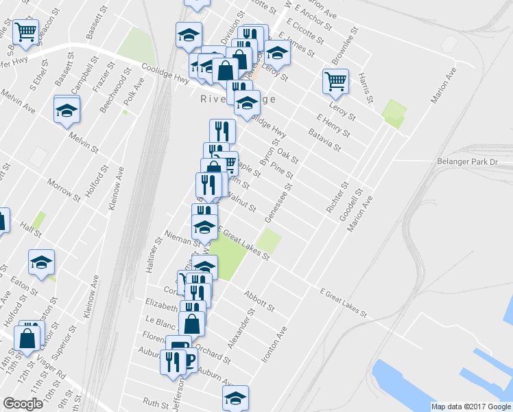 map of restaurants, bars, coffee shops, grocery stores, and more near 83 Walnut Street in River Rouge