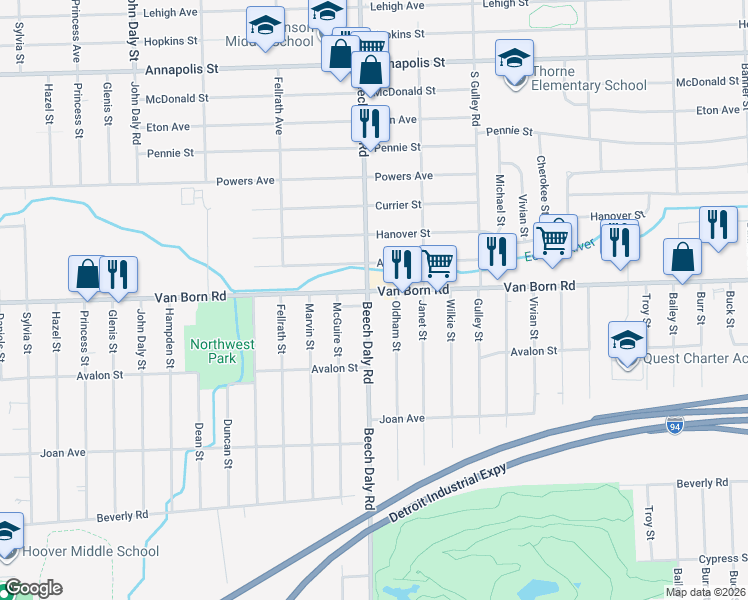 map of restaurants, bars, coffee shops, grocery stores, and more near 25757 Van Born Road in Taylor