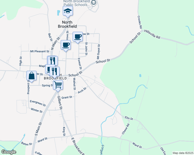 map of restaurants, bars, coffee shops, grocery stores, and more near 20 Mill Street in North Brookfield
