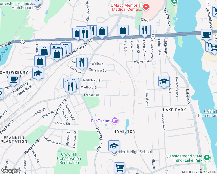 map of restaurants, bars, coffee shops, grocery stores, and more near 7 Pierpont St in Worcester