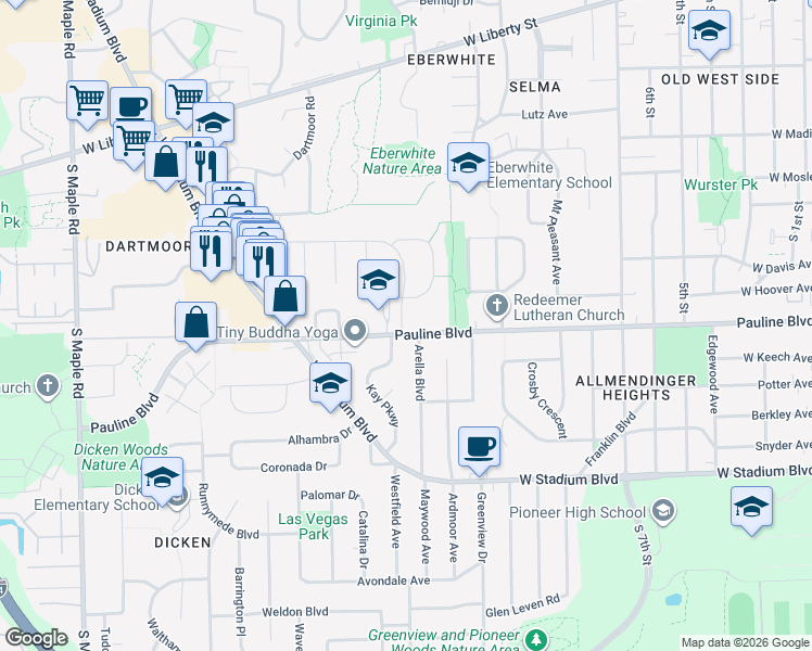 map of restaurants, bars, coffee shops, grocery stores, and more near 1025 Arbordale Street in Ann Arbor