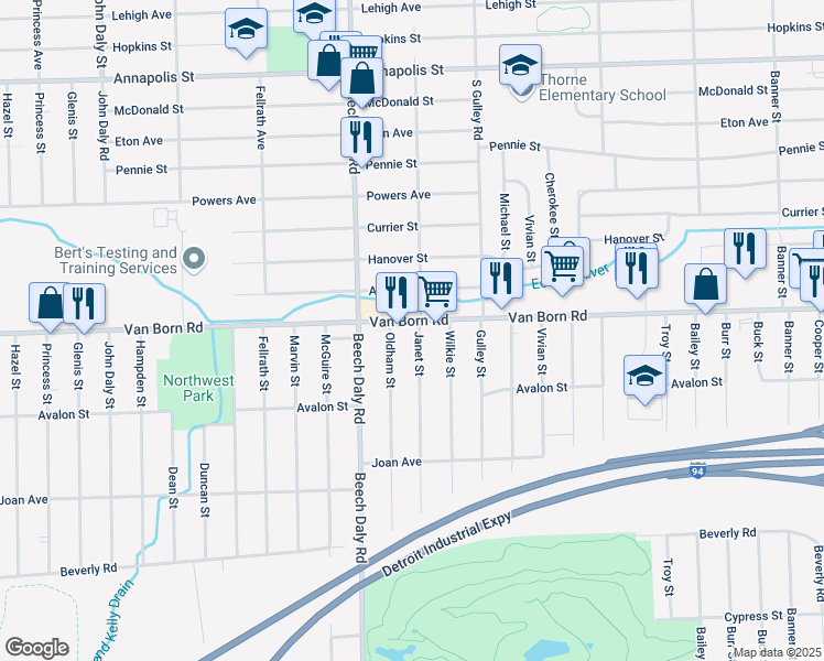 map of restaurants, bars, coffee shops, grocery stores, and more near 25617 Van Born Road in Taylor