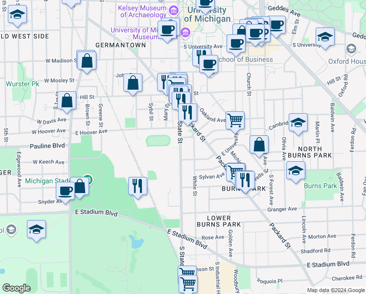 map of restaurants, bars, coffee shops, grocery stores, and more near 1109 South State Street in Ann Arbor