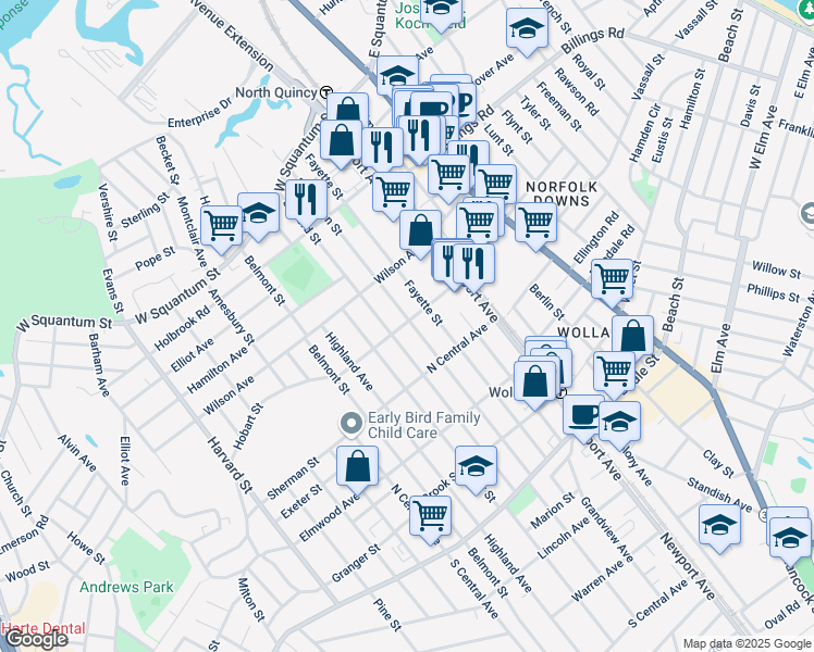 map of restaurants, bars, coffee shops, grocery stores, and more near 62 Hobart Street in Quincy