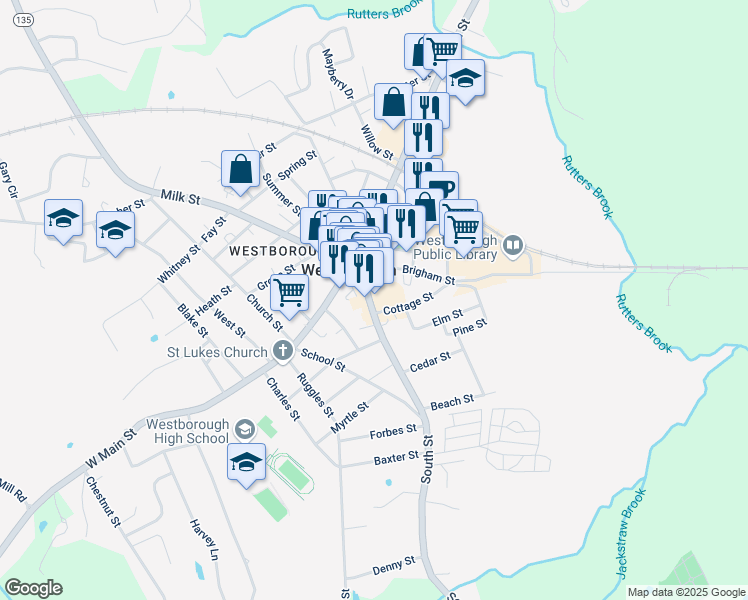 map of restaurants, bars, coffee shops, grocery stores, and more near 40 South Street in Westborough