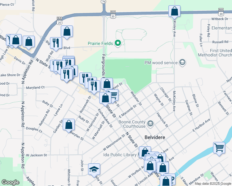 map of restaurants, bars, coffee shops, grocery stores, and more near 220 East Harrison Street in Belvidere