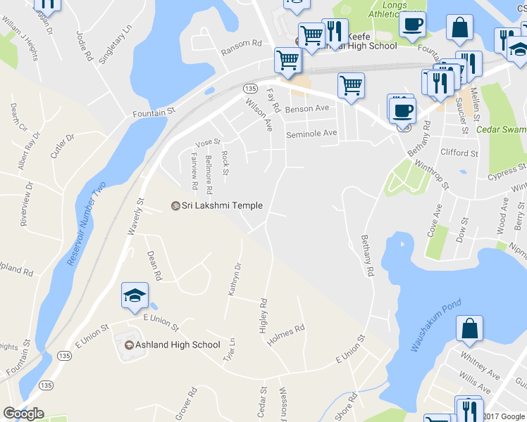 map of restaurants, bars, coffee shops, grocery stores, and more near 159 Fay Road in Framingham