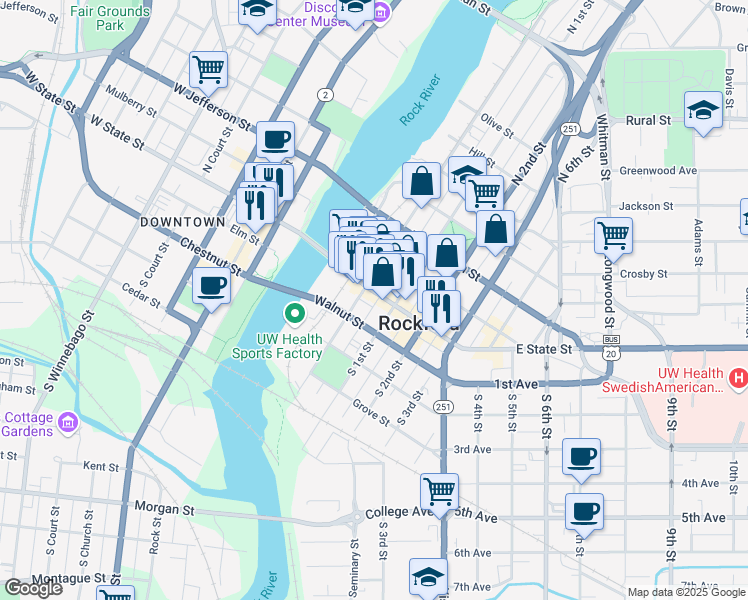 map of restaurants, bars, coffee shops, grocery stores, and more near 313 East State Street in Rockford