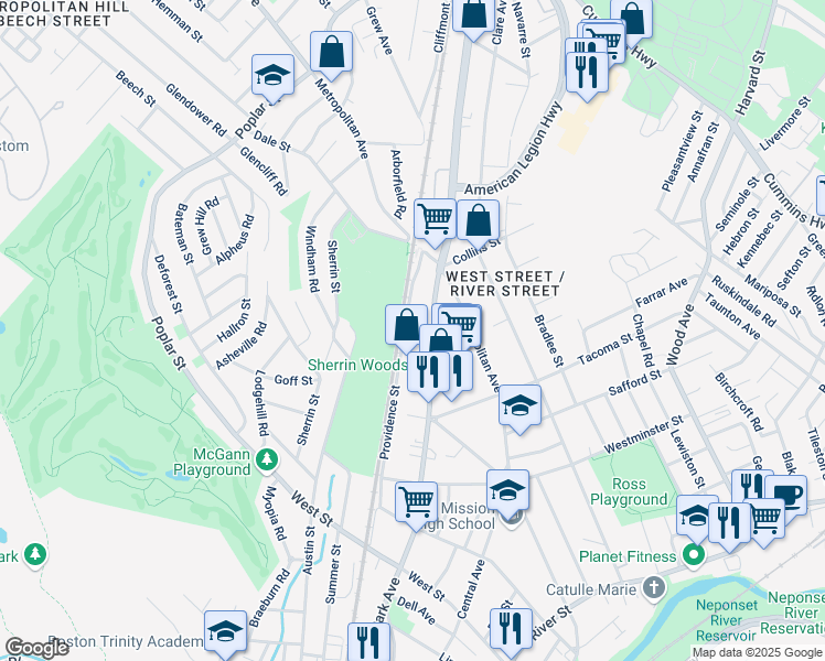 map of restaurants, bars, coffee shops, grocery stores, and more near 915 Hyde Park Avenue in Boston