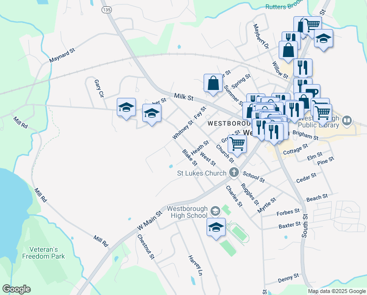 map of restaurants, bars, coffee shops, grocery stores, and more near 29 Blake Street in Westborough