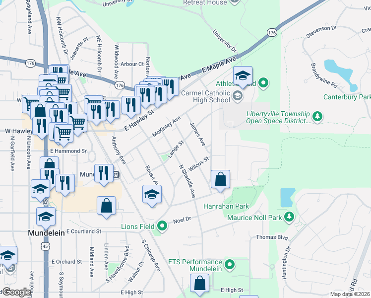 map of restaurants, bars, coffee shops, grocery stores, and more near 308 Dalton Avenue in Mundelein