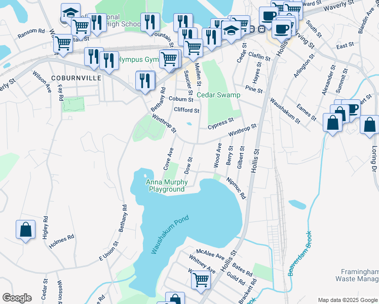 map of restaurants, bars, coffee shops, grocery stores, and more near 9 Dow Street in Framingham