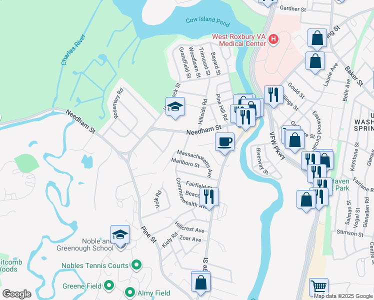 map of restaurants, bars, coffee shops, grocery stores, and more near 32 Lindale Avenue in Dedham