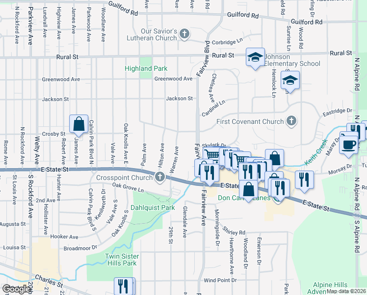 map of restaurants, bars, coffee shops, grocery stores, and more near 207 Warren Avenue in Rockford