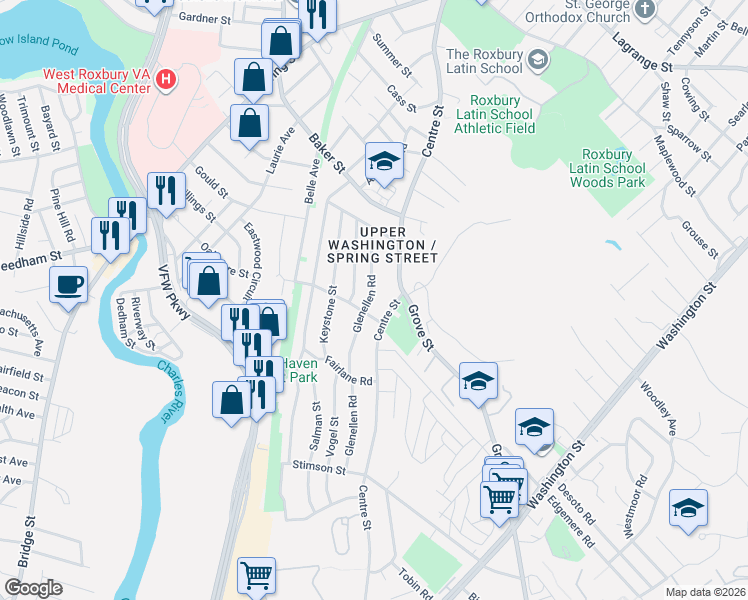 map of restaurants, bars, coffee shops, grocery stores, and more near 70 Glenellen Road in Boston