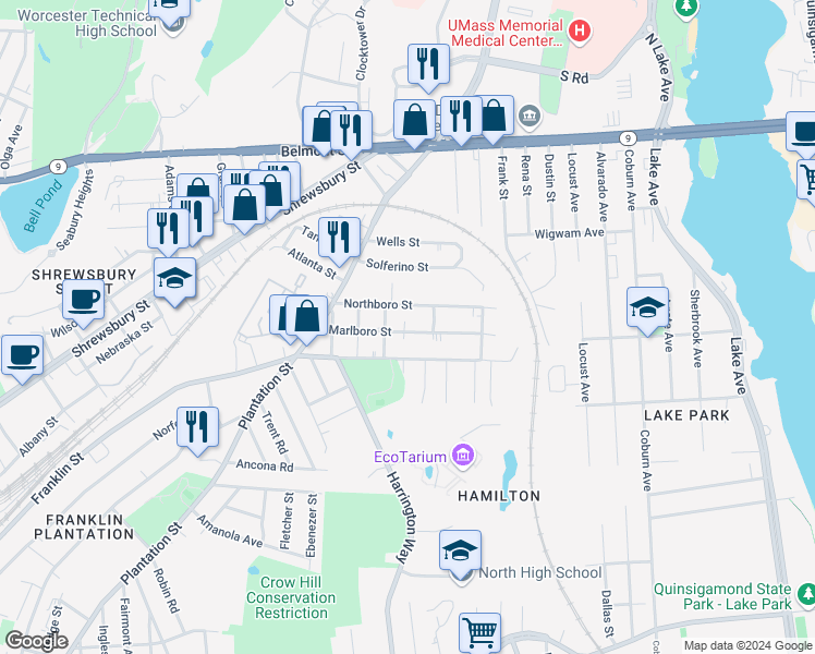 map of restaurants, bars, coffee shops, grocery stores, and more near 23 Marlboro Street in Worcester