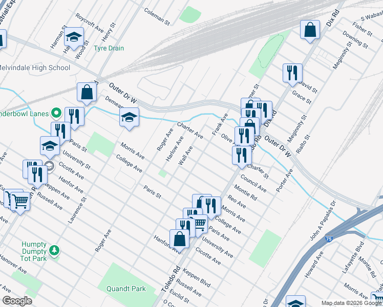map of restaurants, bars, coffee shops, grocery stores, and more near 3963 Wall Avenue in Allen Park