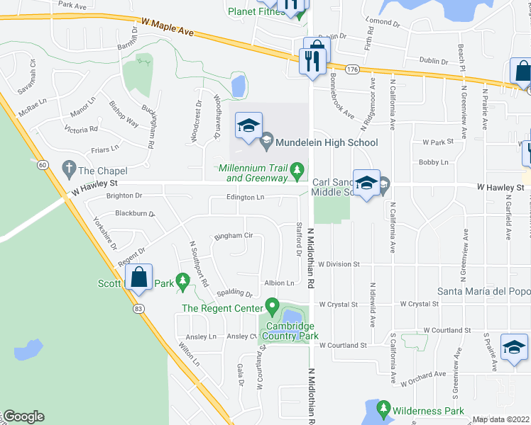 map of restaurants, bars, coffee shops, grocery stores, and more near 1292 Regent Drive in Mundelein