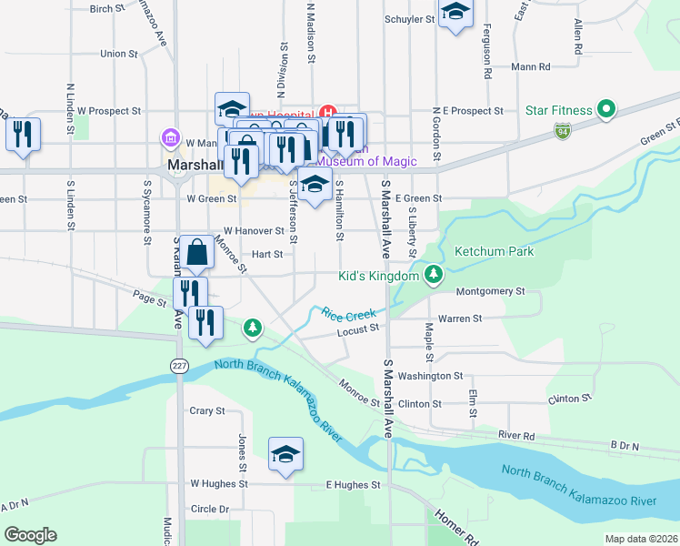 map of restaurants, bars, coffee shops, grocery stores, and more near 298 East Spruce Street in Marshall