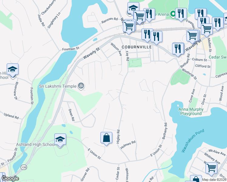 map of restaurants, bars, coffee shops, grocery stores, and more near 159 Fay Road in Framingham