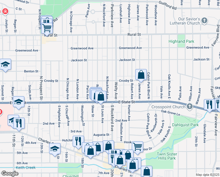 map of restaurants, bars, coffee shops, grocery stores, and more near 211 North Rockford Avenue in Rockford