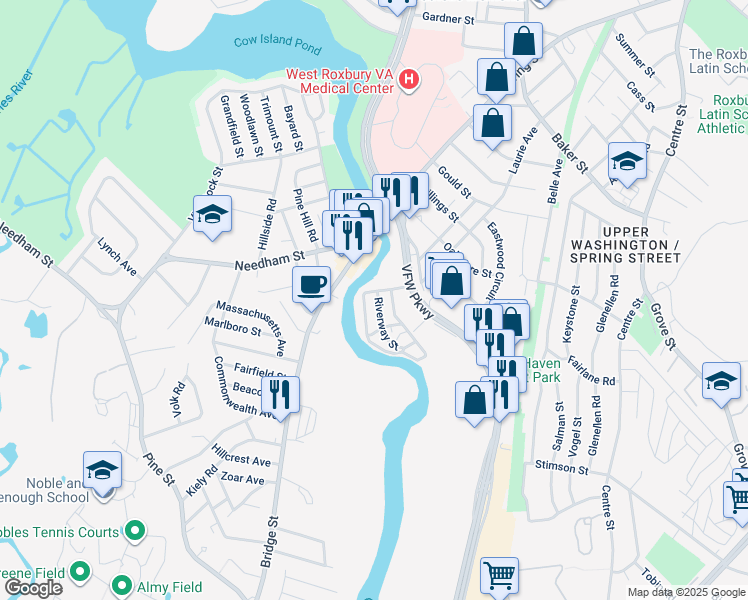 map of restaurants, bars, coffee shops, grocery stores, and more near 76 Riverway Street in Boston